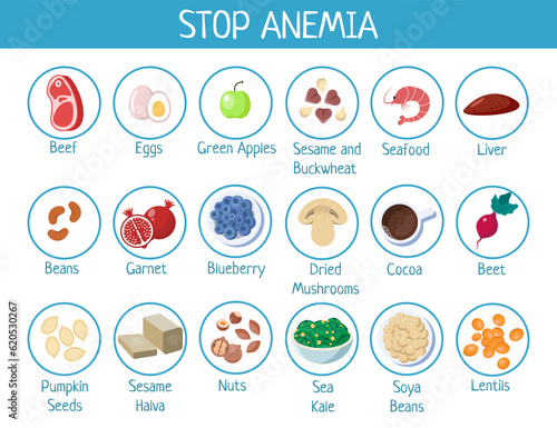 Vector medical poster - Stop Anemia. Prevention of the disease. Diet with low hemoglobin. Infographics of products that help cure and prevent anemia