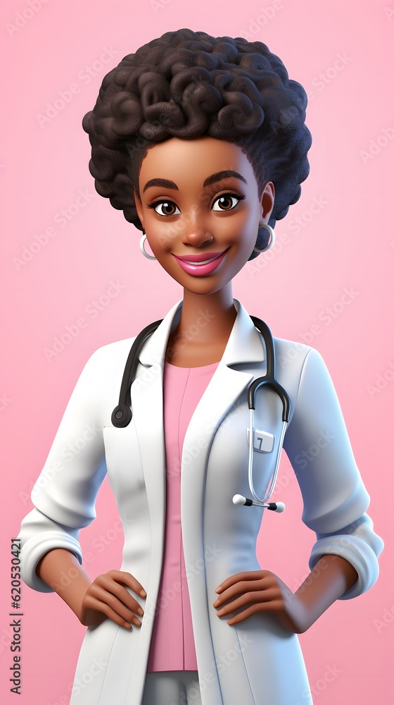 Black woman doctor. Therapist cartoon character. - obrazy, fototapety, plakaty 