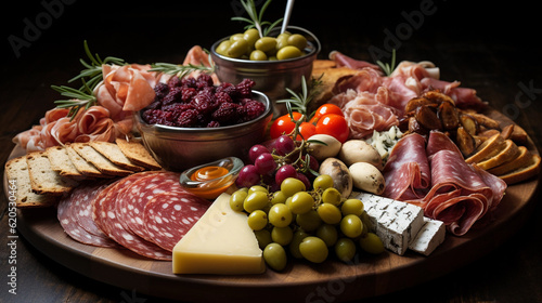 A platter of charcuterie featuring cured meats, sliced prosciutto, salami, and a selection of olives