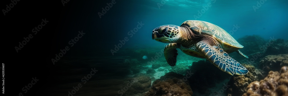 Fototapeta premium Banner with Big turtle diving in the ocean, generative AI