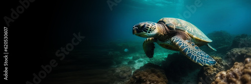 Banner with Big turtle diving in the ocean, generative AI