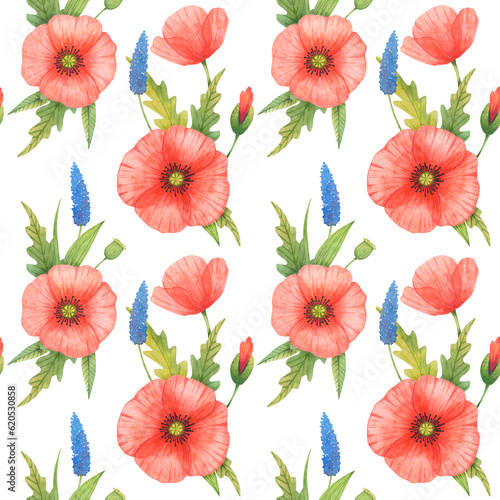 Watercolor poppy flowers seamless pattern on white © Alex Pictures