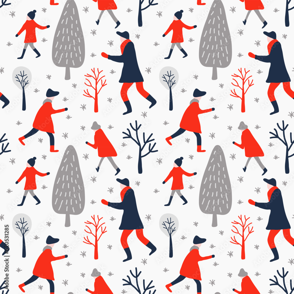 Seamless pattern of people in red clothes and blue trees. winter seamless vector of blue, red and gray for Christmas print for textiles or packaging.