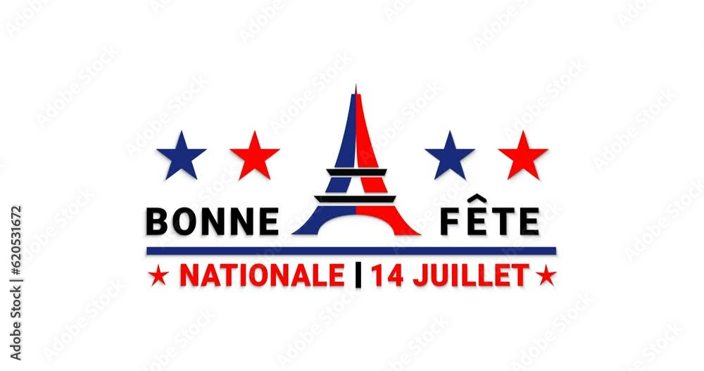 Bastille day, Bonne Fete Nationale, 14 Juillet (French Translation: Happy 14th of July National Day). Animation text on the white screen alpha channel. Great for celebrations of French society.