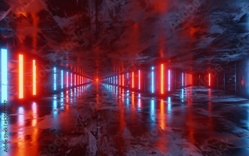 Orange Red Glowing Pylons Cement Concrete Hallway Tunnel Corridor Dark Underground Garage Gallery Stage Sci Fi Futuristic Modern Background 3D Rendering Illustration MADE OF AI © Rashid
