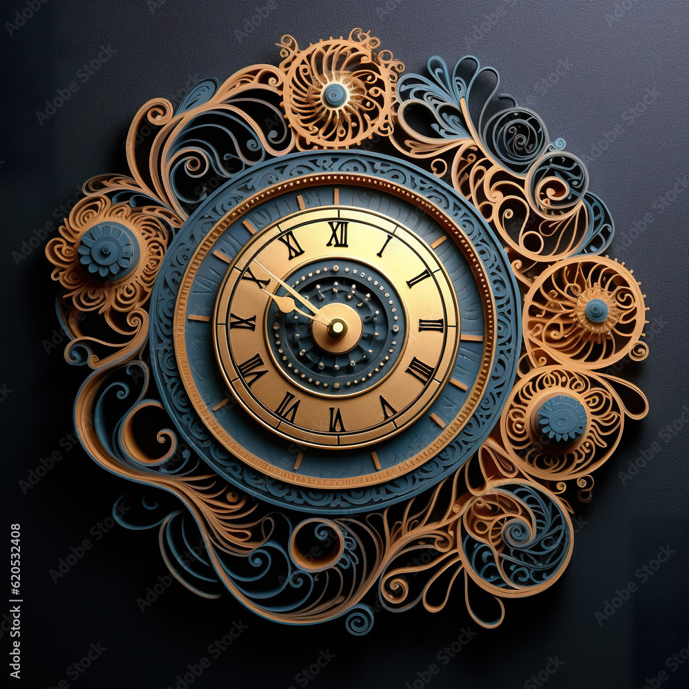A clock made of paper with gears and a clock face. Generative AI. A clock made of paper with gears and a clock face. Generative AI.