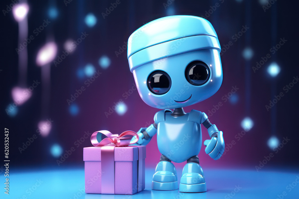 Cute blue robot with a pink gift. AI generative. Cute blue robot with a pink gift. AI generative.
