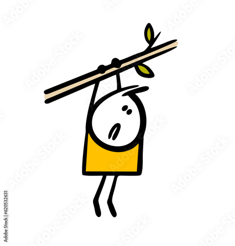 Tired stickman bully is hanging on a tree branch and is afraid to fall down. Vector illustration of a boy with a problem.