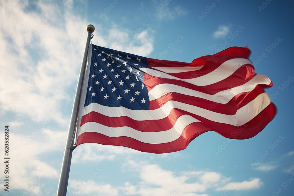 American flag soaring proudly against a clear blue sky - Generative ai
