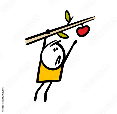 Cartoon child is hanging on a tree branch and reaching for an apple. Vector illustration of a hungry boy climbed up.