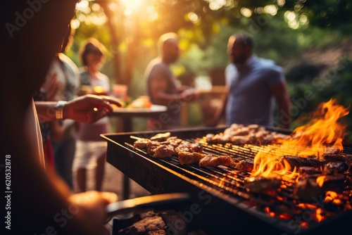 Friends savoring BBQ delights amidst cheerful ambiance - Generative ai