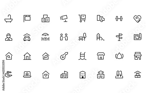 Real estate line web icon set. Included real estate, property, mortgage, home loan icons. Outline icons collection. Simple vector illustration.