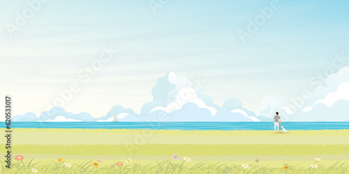 Man with his dog at seashore in summer vector illustration. Seascape and blue sky flat design background.