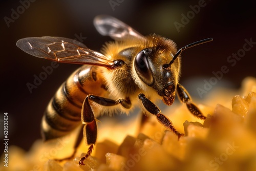 Macro Shot of a Honeybee on a Flower - Generative ai