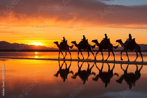 Silhouettes of Camels on the Salt Lake at Sunrise - Generative ai