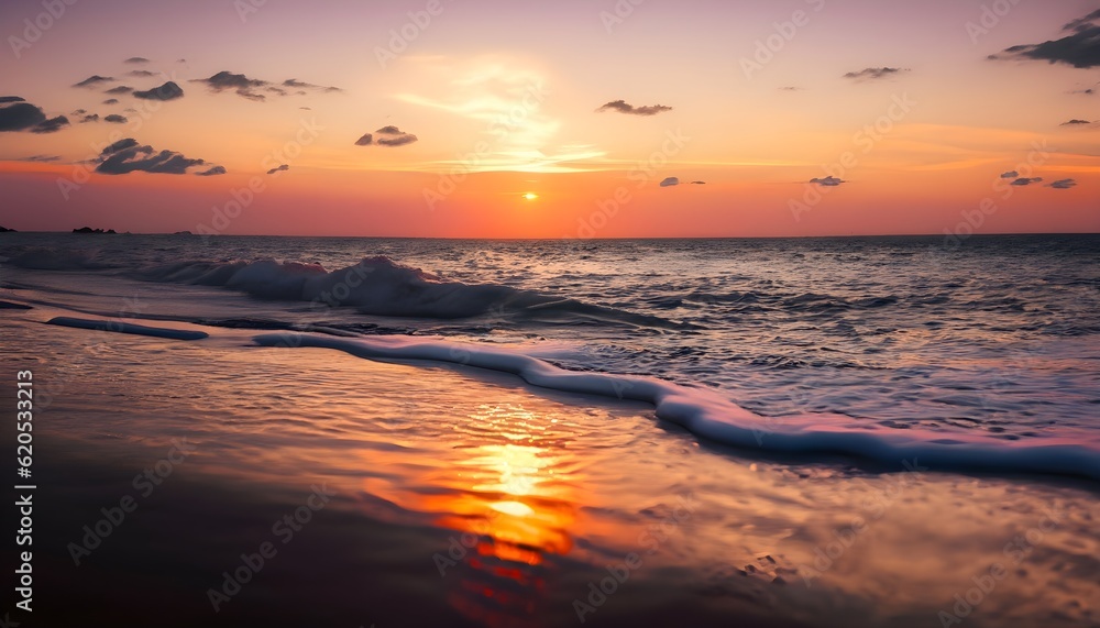 A realistic image of a sunset on the beach, with warm orange and pink tones in the sky, and waves gently lapping at the shore. Shot from a low angle to capture the sense of peace .,AI generated