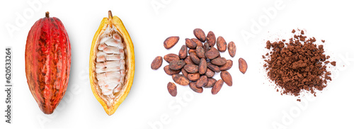 Cocoa fruit with cocoa bean and cacao powder isolated on white background, top view, flat lay.