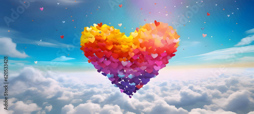 Big rainbow heart against the sky composed of hundreds of small hearts