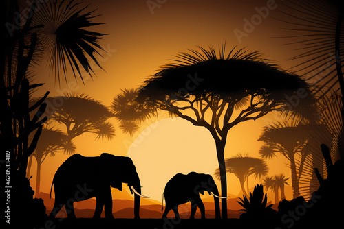 Sunset in the savannah - silhouettes of elephants in the rays of the setting sun