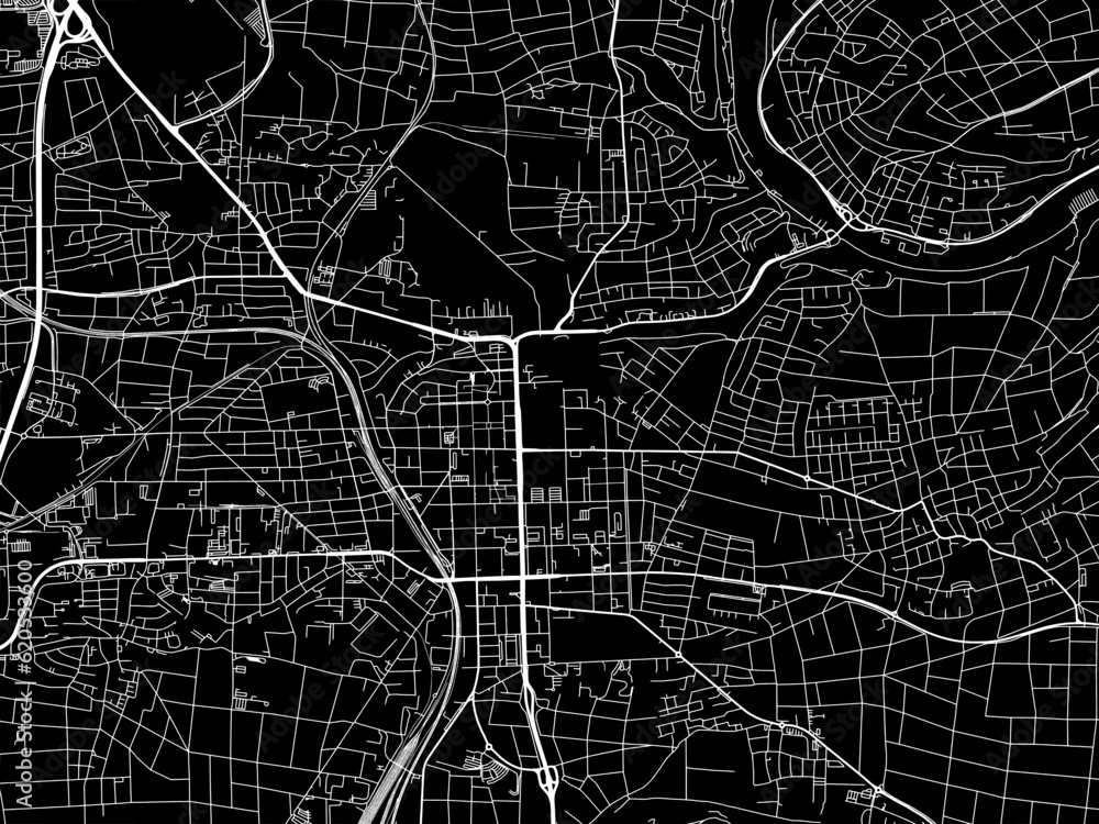 Vector road map of the city of  Ludwigsburg in Germany on a black background.