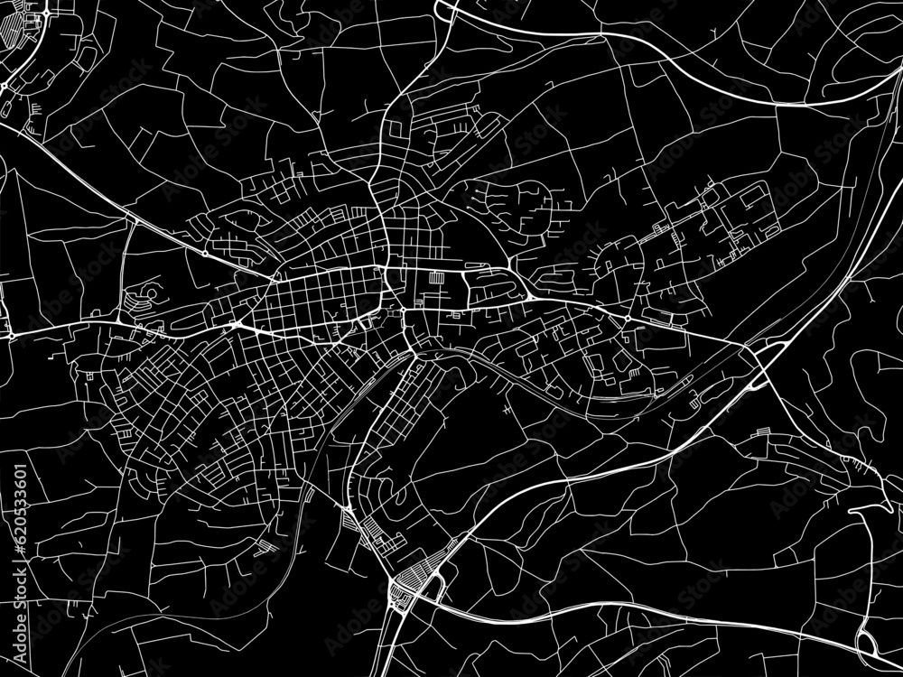 Vector road map of the city of  Schwenningen in Germany on a black background.