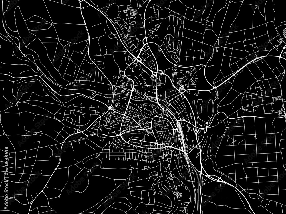 Vector road map of the city of  Villingen in Germany on a black background.