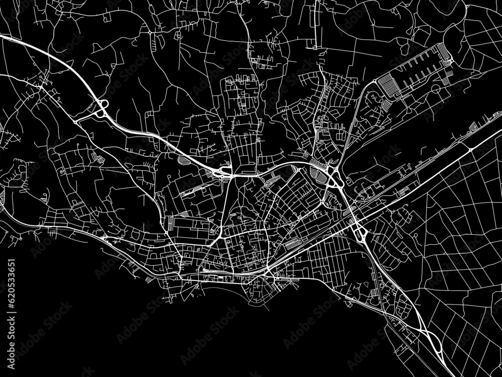 Vector road map of the city of  Friedrichshafen in Germany on a black background.