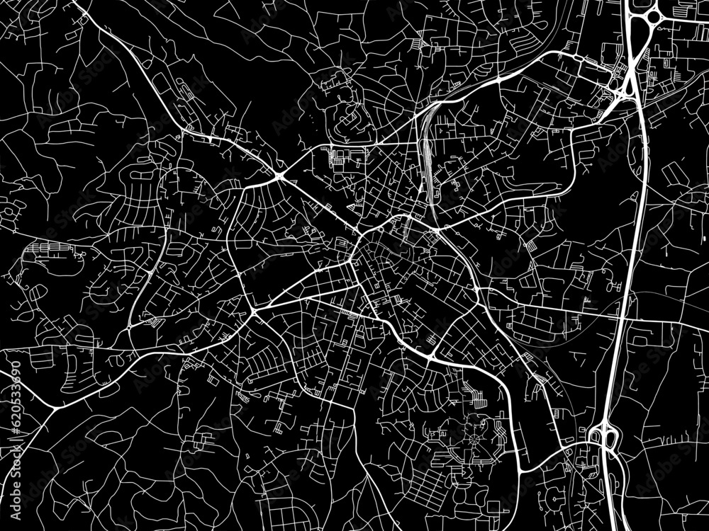 Vector road map of the city of  Bayreuth in Germany on a black background.