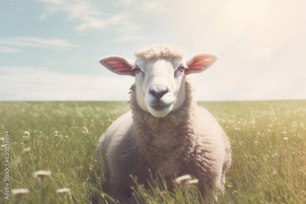 grass meadow field farm lamb sun green sheep animal wool. Generative AI.