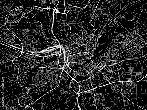 Vector road map of the city of  Ulm in Germany on a black background.