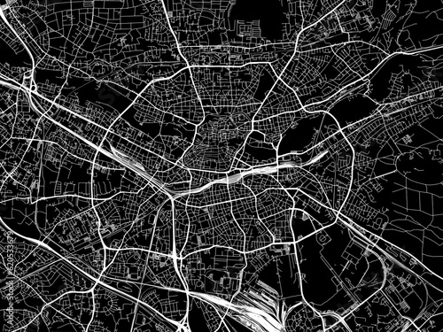 Vector road map of the city of  Nurnberg in Germany on a black background.