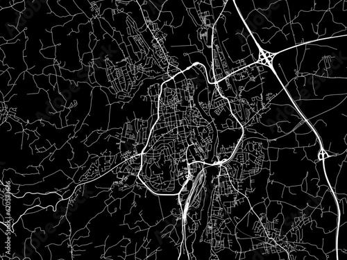 Vector road map of the city of  Kempten in Germany on a black background.
