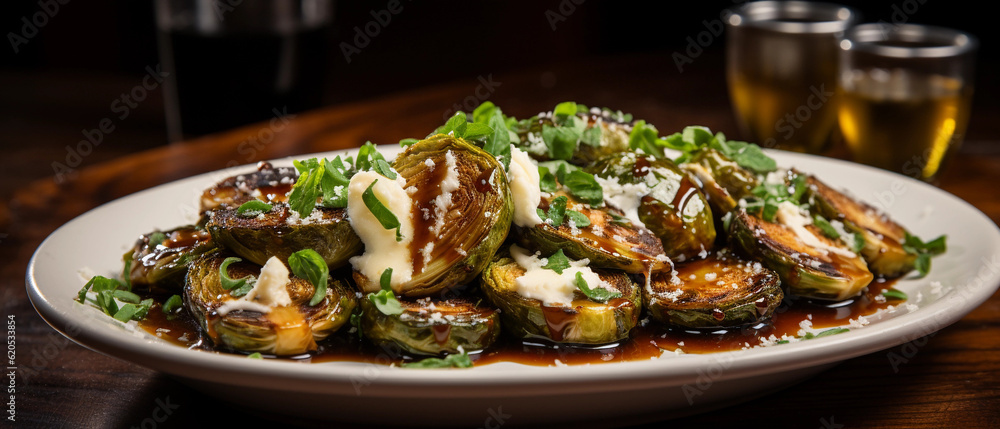 A plate of crispy roasted Brussels sprouts, seasoned with garlic, parmesan cheese, and a drizzle of balsamic glaze A plate of crispy roasted Brussels sprouts, seasoned with garlic, parmesan cheese, and a drizzle of balsamic glaze