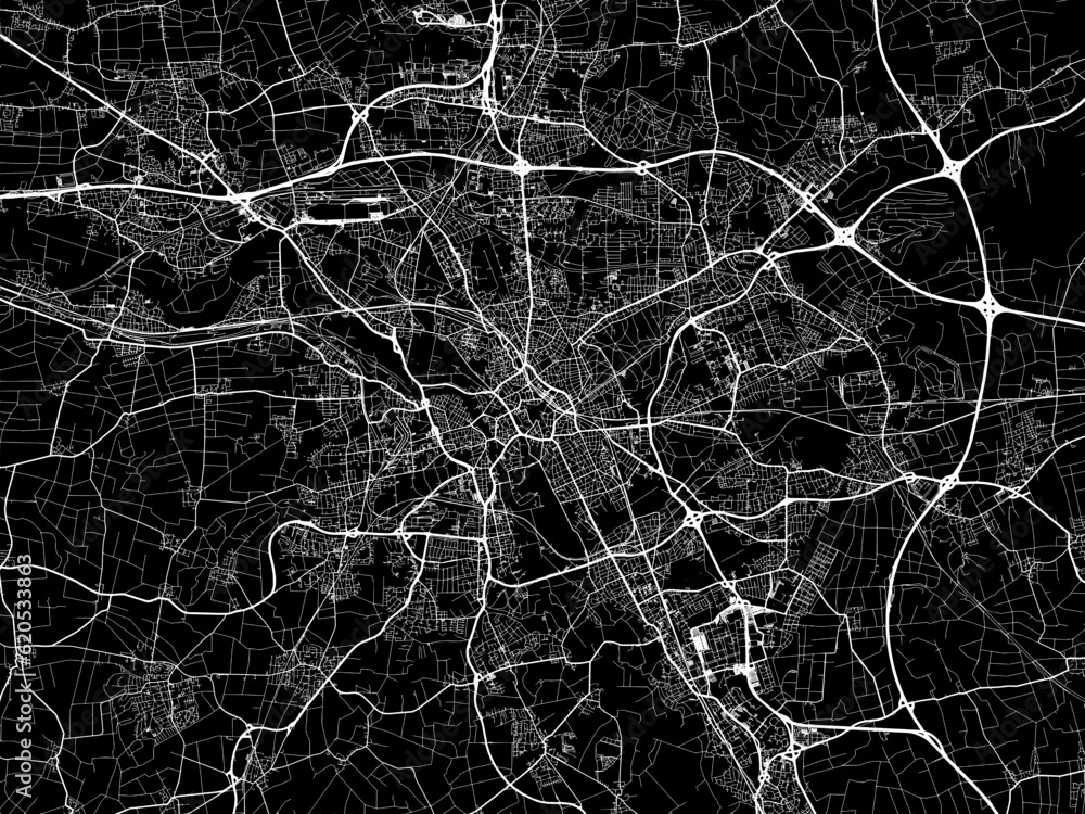 Vector road map of the city of  Hannover in Germany on a black background.