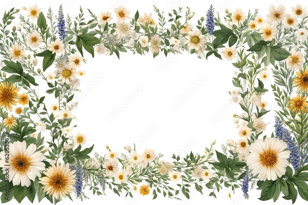 Floral and leafy frame on white background. AI-generated.