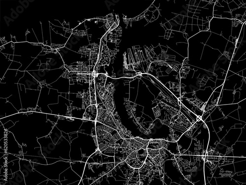 Vector road map of the city of  Rostock in Germany on a black background.