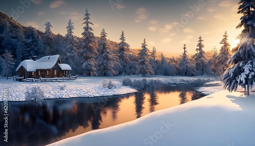 A realistic image of a winter landscape, with snow-covered trees, a frozen lake, and a cozy cabin in the distance. Shot during the golden hour to capture the warmth of the setting sun ,AI generated © mantasha