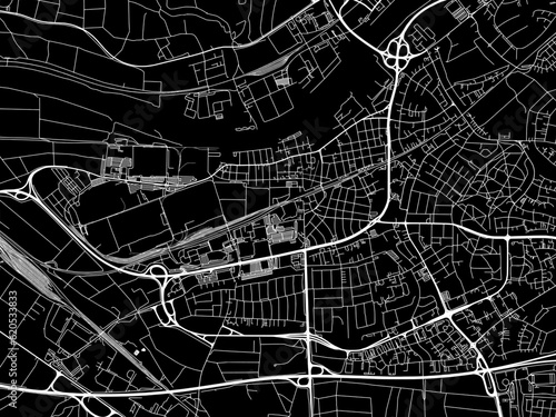 Vector road map of the city of  Russelsheim am Main in Germany on a black background.