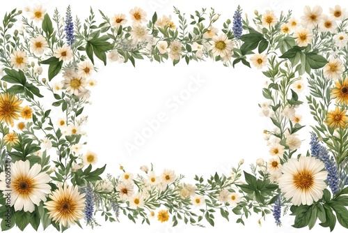 Floral and leafy frame on white background. AI-generated. © Christophe