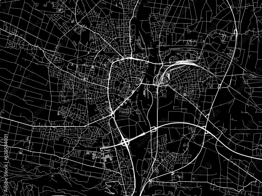 Vector road map of the city of  Minden in Germany on a black background.