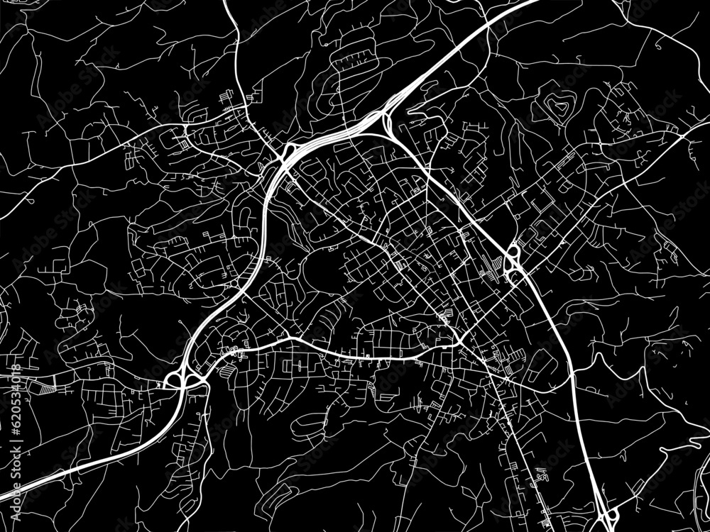 Vector road map of the city of  Velbert in Germany on a black background.