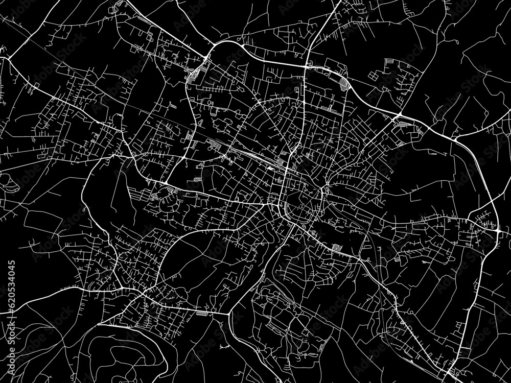 Vector road map of the city of  Detmold in Germany on a black background.