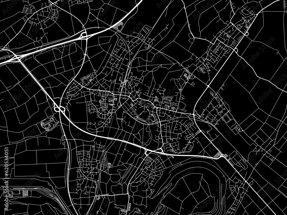 Vector road map of the city of  Grevenbroich in Germany on a black background.