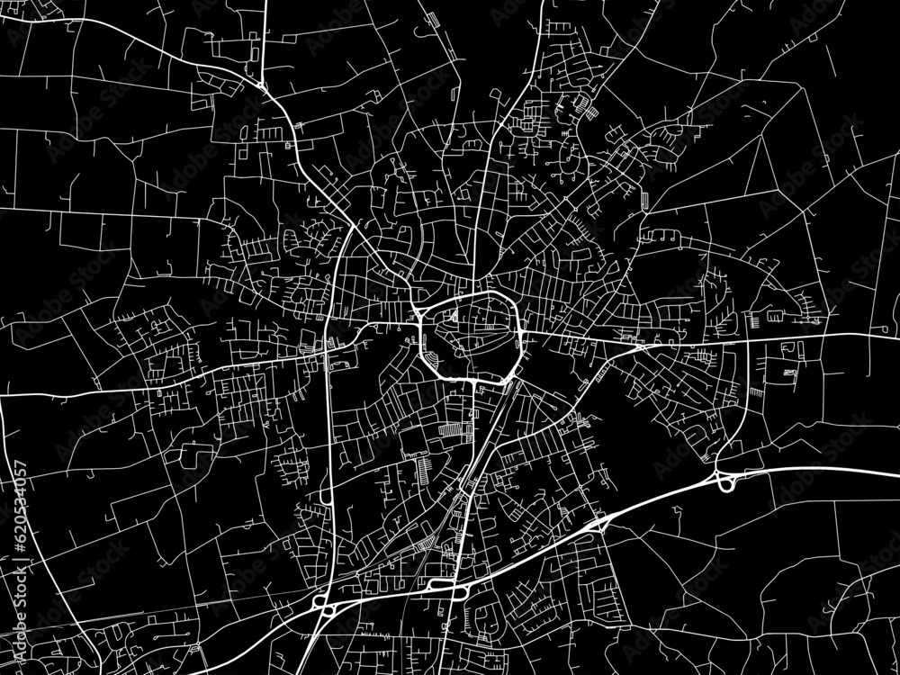 Vector road map of the city of  Bocholt in Germany on a black background.