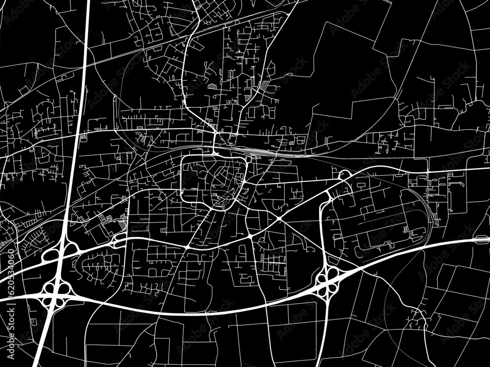 Vector road map of the city of  Unna in Germany on a black background.