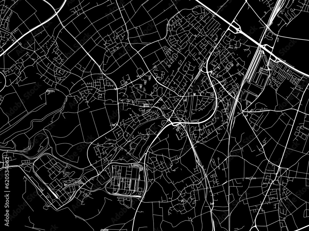 Vector road map of the city of  Hurth in Germany on a black background.
