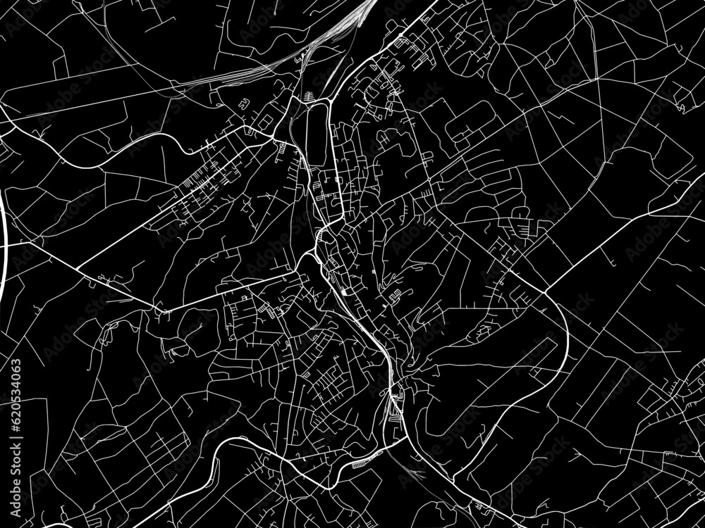 Vector road map of the city of  Stolberg in Germany on a black background.