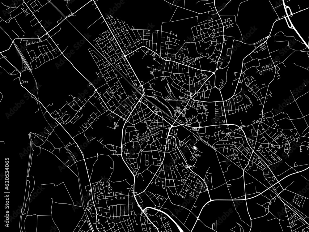 Vector road map of the city of  Dinslaken in Germany on a black background.