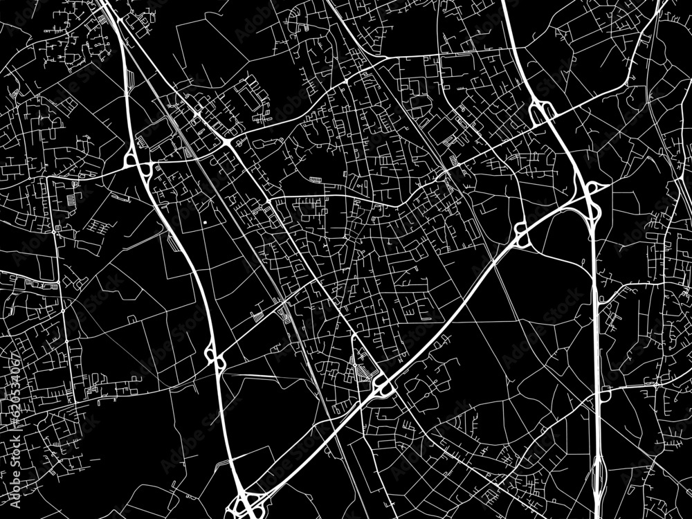 Vector road map of the city of  Langenfeld in Germany on a black background.