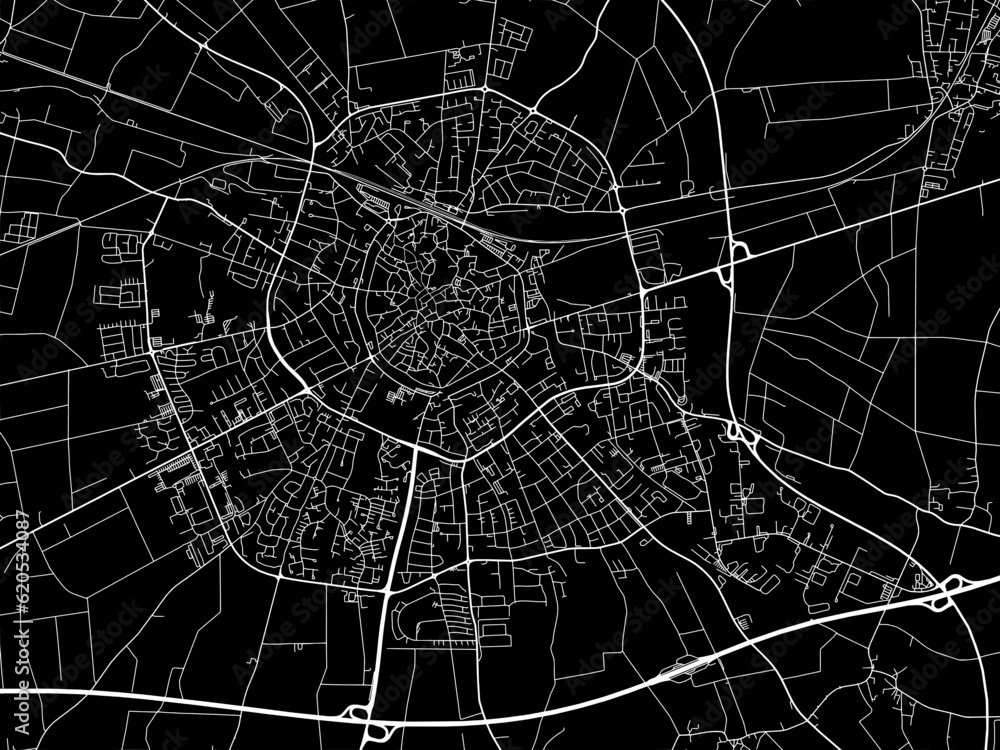 Vector road map of the city of  Soest in Germany on a black background.